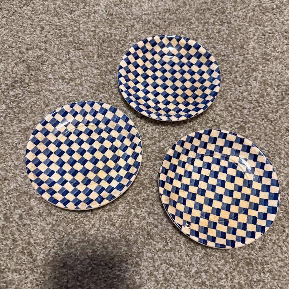 3 Burleigh Ironstone plates 6" Chequers blue rare retired classic quirky
